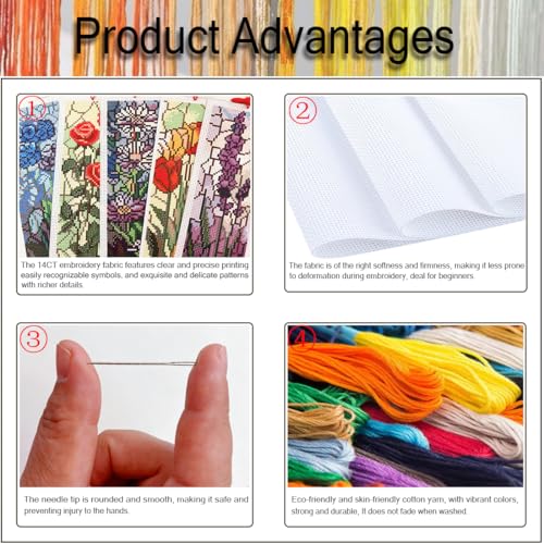 NEGEKFKX 6 Pcs Flowers Cross Stitch Bookmark Kit for Adult Beginners - color: Cross stitch bookmark-4