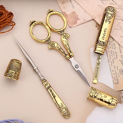 BUTUZE Embroidery Scissors Kit,European Antique Vintage Sewing Kit,Complete Vintage Sewing Tools with Embroidery Scissors,Original Case,Sewing Needle Case,Awl for Sewing,Craft,Needlework - color: Gold
