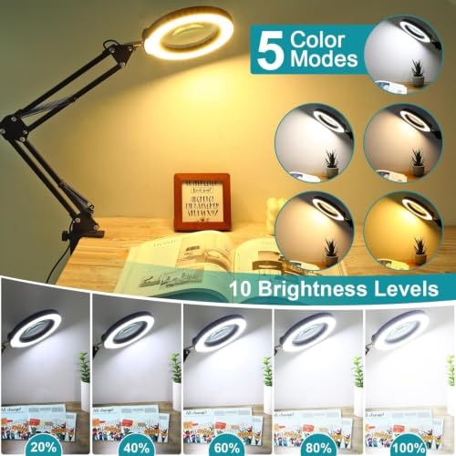 30X 12X Magnifying Glass with Light and Stand, Real Glass, 5 Color Modes, Brightness Stepless Dimmable Lighted Magnifier Hands Free, 2-in-1 Desk Lamp & Clamp Light, Magnifier Lamp for Close Work - color: Black, size: 30X 17.8inch Base & Clamp
