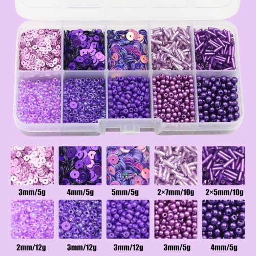 10 Color Small Assorted Glass Seed Beads, Loose Sequins (Purple) - color: Purple