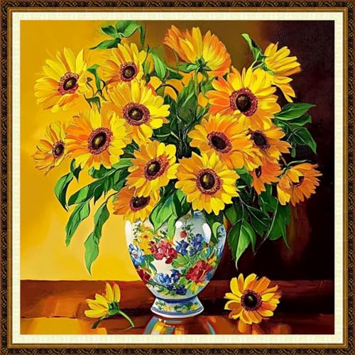 Redxing Counted Cross Stitch Kit for Beginners,Unprinted Needlepoint Kits for Beginners Cross Stitching Embroidery Kit 11CT Stitches kit-Sunflower vase 18x18 inch - color: KitColors27