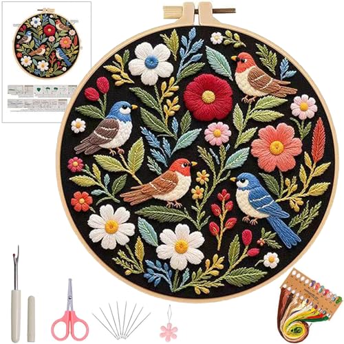 Ohcol Embroidery Kit Beginners Cross Stitch Needlepoint Kits for Adults Needle Point Kits with Hummingbird & Hoop - color: Black - Hummingbird
