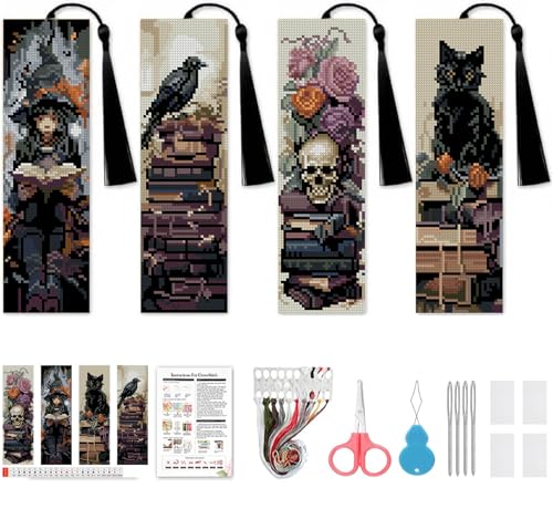 VIGEGU 4 Pack Gothic Style Cross Stitch Bookmark Kits for Adult Beginners - color: Gothic style Cross Stitch Bookmark