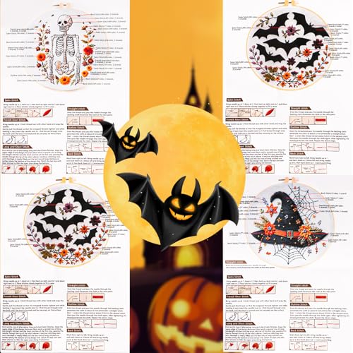 4 Set Halloween Embroidery Kit, Halloween Cross Stitch Kit, Gothic Embroidery Starter Kit 6 Inch Needlepoint DIY Craft for Beginners Adults