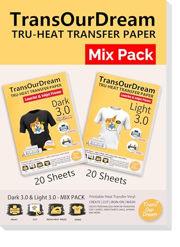TransOurDream Tru-Heat Transfer Paper for T Shirts (20+20 Sheets, 8.5x11", Mix Pack) Printable Heat Transfer Vinyl for Dark & Light Fabrics Iron on Transfers for Laserjet & Inkjet Printer - color: Mix, size: 40 Sheets