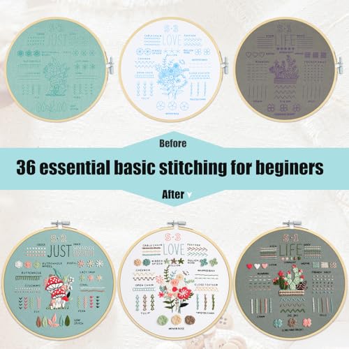 3 Sets Embroidery Kit for Beginners to Learn 36 Basic Embroidery Stitches Practice Kit,Hand Embroidery Cross Stitch Kits for Beginners with Embroidery Patterns, Hoop,Threads,Tools - color: Beginner Kit