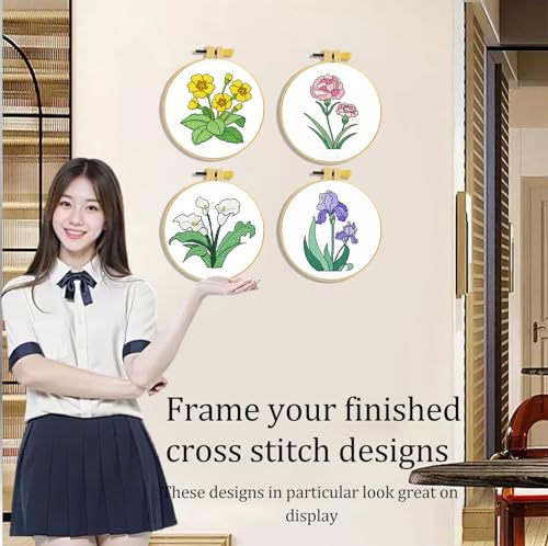 Zhenqing 4 Pack Floral Stamped Cross Stitch Kit, 11CT Printed Primrose Carnation Calla Lily Iris Patterns with 12 cm Hoop, Tools, DIY Botanical Embroidery Set for Adults - color: Floral-4 Piece-2