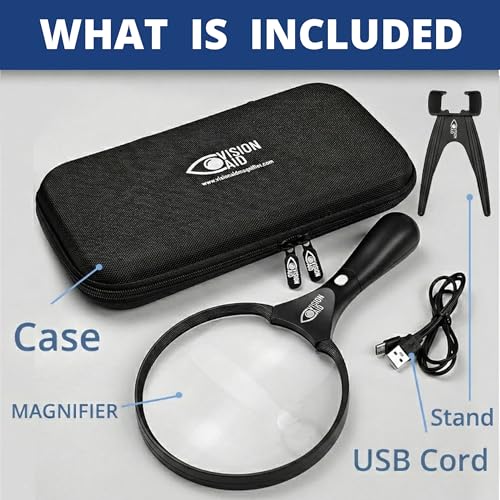 VisionAid Big 5.5" Magnifying Glass with LED Light (USB Rechargeable) and Hard Case — Handheld Illuminated Large Magnifier for Reading — See Fine Print 3 Times Bigger - size: 5.5 inches