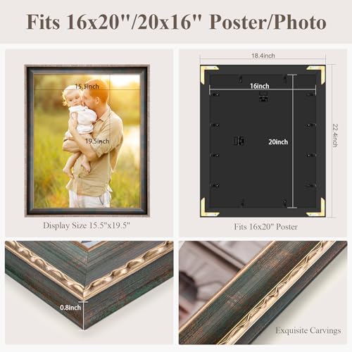 16x20 Frame Vintage Green, Ornate 20x16in Picture Frame with Floral Trim, for 16 x 20inch Gallery Photo Pic with HD Plexiglass, 1.6in Widen 0.8in Thick, Horizontal Vertical Wall Display - color: Vintage Green, size: 16x20in