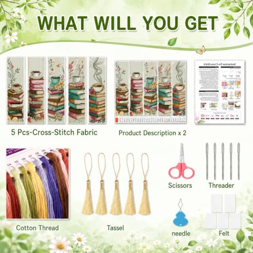 VIGEGU 5 Pack Coffee Book Cross Stitch Bookmark Kits for Adult Beginners - color: COFFE BOOK