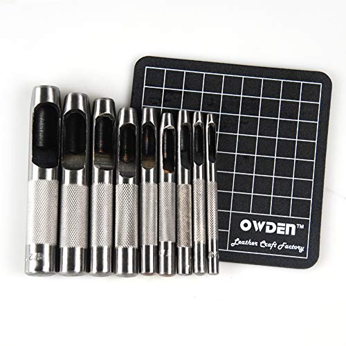 OWDEN 9 Pieces Leather Hollow Punch Set (1/8"-1/2") with a Cutting mat. - size: 9 Pieces