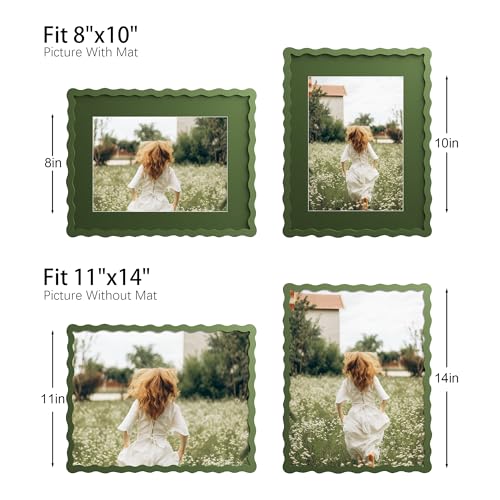 11x14 Picture Frame with Mat for 8x10, Wavy Edge Wooden Real Glass Photo Frame for Wall Hanging, Green, 1 Pack - color: Green, size: 11x14 in