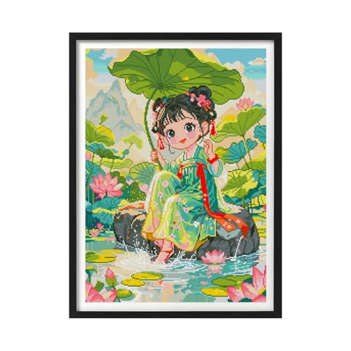 Zhenqing Summer Pond Stamped Cross Stitch Kit - 9CT 58x78cm Large Girl & Lotus Design, Pre-Printed Pattern for Beginners (68775)