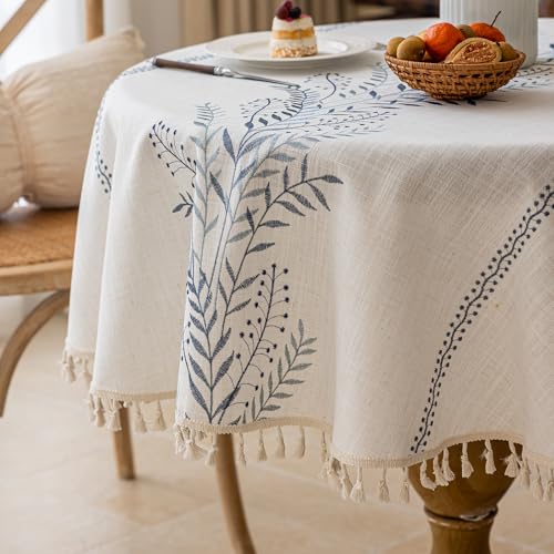 Joyfol Day Rustic Waterproof Linen Round Tablecloth, Heavy Weight Fern Embroidery Table Cloths for Round Tables, Farmhouse Spill-Proof Table Covers with Tassels, Blue, 55 inch - color: Blue Fern, size: 55" (Round)