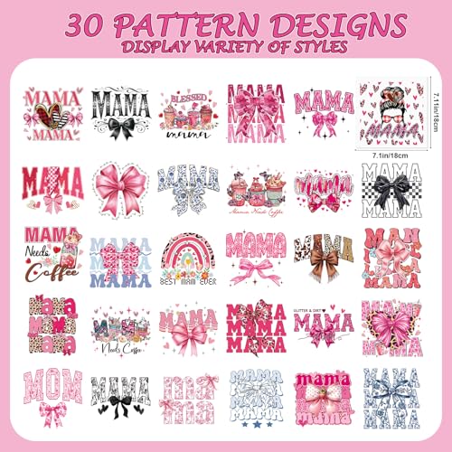 Dtf Transfers Ready to Press - 30Pcs Mother's Day Iron on Transfers for Tshirts, Mama Bow Iron on Decals Patches, Pink Coquettee Heat Transfer Stickers for Clothes Pillows Bag DIY Crafts - color: Mother's Day497