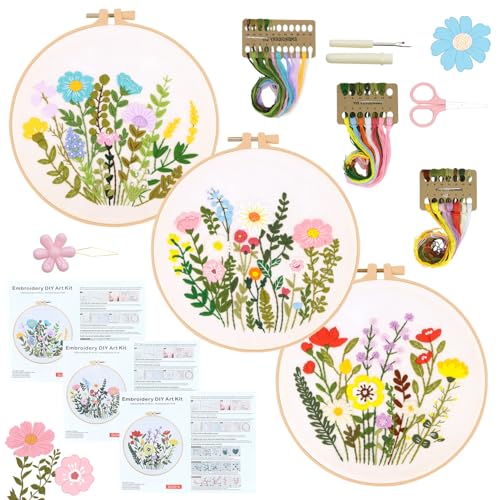 3 Pack Embroidery Kits for Beginners, Flower Pattern Kit for Adults Starter - color: Flower