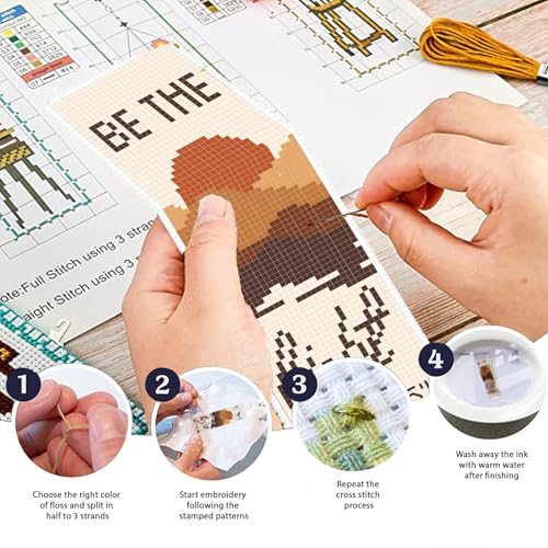 FREEBLOSS 11CT 6 Set Cross Stitch Bookmark Kit Landscape Stamped Embroidery Bookmark Kit with Instructions 6 Back Felt Bookmarks Making Set for Adults Book Lovers, 8"x2.4" - style: Minimalist Landscape