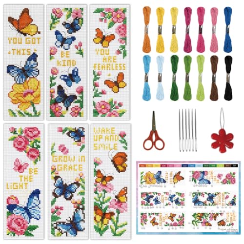 INFUNLY 6pcs Butterfly Quotes Cross Stitch Bookmark Kit DIY Embroidery Starter Set 3x8.5 Inch Cotton Linen Pre-Printed Fabric 14 Colors Floss Backing Felt Needles Threader Instructions for Book Lovers - style: Butterfly and Quotes