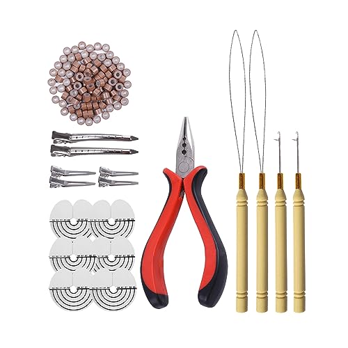 200 Pcs Silicone Rings Hair Extensions Tools Kit: Three-hole Hair Pliers, Pulling Hook Needle, Loop Threader and Silicone Micro Links Rings Beads (Light brown) - color: Light brown, size: 200 Count