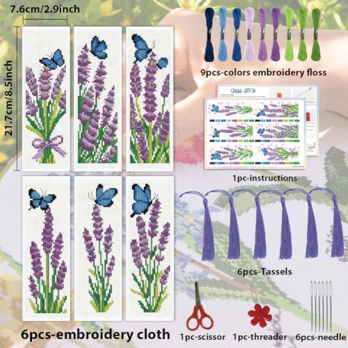 ACRNIGHEET 6PCS Cross Stitch Bookmark Kit for Beginner Stamped Cross Stitch Kits for Adults Lavender DIY Tassel Embroidery Bookmark Kits Needlepoint Kit with Instructions Craft Gift 8.5''x3'' 11CT - style: Lavender Butterfly with Tassel