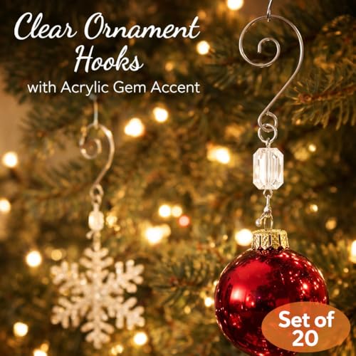 Clear Ornament Hooks Set of 20, Silver Swivel Wire Hangers with Acrylic Gem, 3 Inch Decorative Christmas Ornament Hangers for Tree Decorations, Holiday Display, Gift Tags, Keepsakes & Window Decor