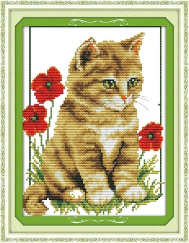 CaptainCrafts Cross Stitch Kits for Adults Stamped Cross Stitch Printed 14CT Fabric Cross Stitching DIY Art DMC Needlecrafts Embroidery Kit for Adults (Stamped 14CT, Cat and Poppy) - color: Cat and Poppy, style: Stamped 14CT