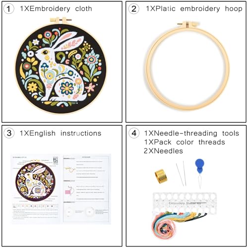 Crafmanoe Embroidery Kits for Beginners Adults, Flowers Rabbit Embroidery Starter Kits, Counted Cross Stitch Kits for Beginners Adults Hobbies Set for Women, Embroidery Hoops, Thread & Video Tutorial - color: H2043, size: 8Inch