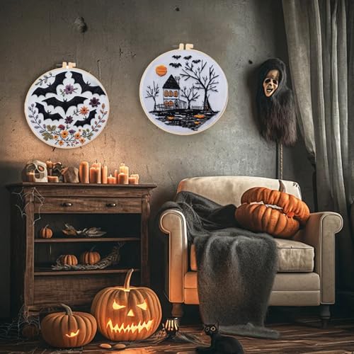 Floral Witch Hat Embroidery Kit Halloween Cross Stitch Material Set with Bat Skull Flower Pumpkin Patterns, DIY Hand Needlepoint Embroidery Craft Kit for Beginners Professional (Haunted House) - color: Haunted House