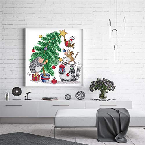 Printed Cross Stitch Kits 11CT 14X14 inch 100% Cotton Holiday Gift DIY Embroidery Starter Kits Easy Patterns Embroidery for Adults Crafts DMC Stamped Cross-Stitch Supplies Needlework Christmas Tree - color: Stamped 10.2×10.2 inch