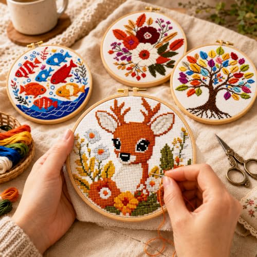Zhenqing 4 Pack Nature Stamped Cross Stitch Kit for Adults and Beginners, 11CT Printed Fabric Deer Tree Fish Flower Patterns with Hoop, Threads, Needles, Scissors, Threader, Guide - color: Deer Tree Fish Flower