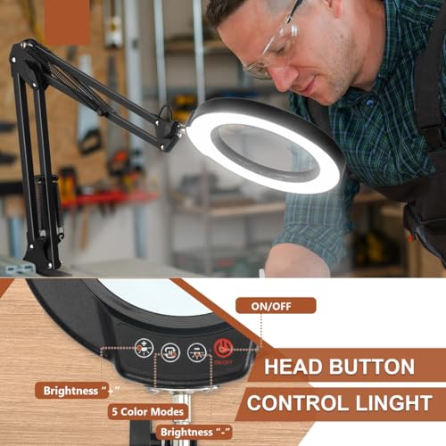 LANCOSC 15X Magnifying Glass with Light and Stand, Real Glass Lens, 5 Color Modes Dimmable, 3-in-1 Adjustable Swing Floor Lamp, LED Lighted Hands Free Magnifier & Clamp for Reading, Crafts, Painting - color: Black