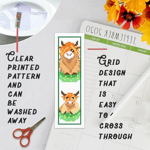 BEUNITONE 6 Pcs Highland Cow Cross Stitch Bookmark Kit for Beginner Stamped Embroidery Kit 8''2.4'' - style: Highland Cattle