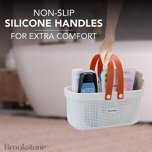 Brookstone Modern Large Portable Shower Caddy with Soft Silicone Carrying Handle, Bathroom Organizer Basket, Plastic Bath Tote and Shower Organizer, Quick Dry Drainage Holes, BPA Free, White - color: White / Cream