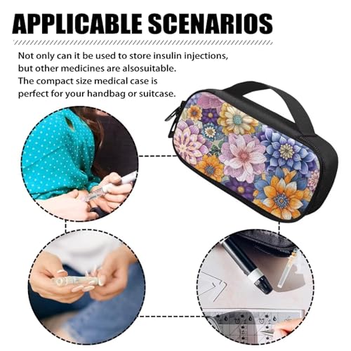 Bohemian Flower Diabetic Supplies Bag Carrying Case Organizer For Diabetes Testing Kit, Blood Glucose Monitor Kit with Meter, Blood Sugar Test Strips, Lancets, Lancing Device, Alcohol Wipe - color: Bohemian Flower