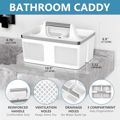 BYUNER 2Pack Shower Caddy Dorm: Portable Bathroom Caddy Organizer with Handle and Holes, Plastic Cleaning Caddy, Hard Shower Basket Storage Tote for Toiletry, College Dorm Room Essentials White/Silver - color: 2 Pack White/Silver