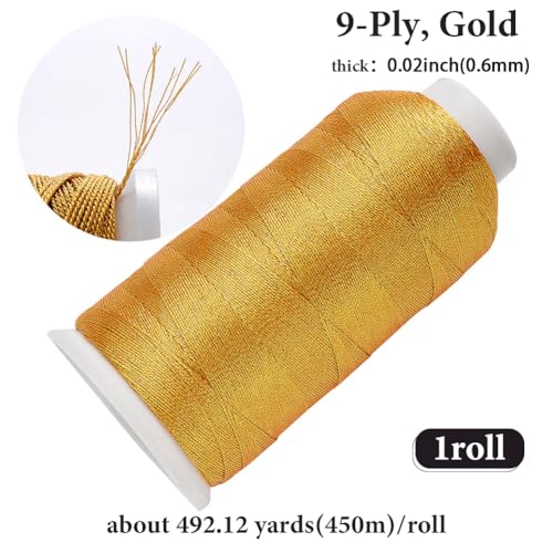 492.12 Yards Metallic Gold Embroidery Thread Nylon Cross Stitch Floss Decorative Friendship Bracelets 9 Ply Spool String for for Sewing Making Needlework Art Craft DIY Knitting Stitching