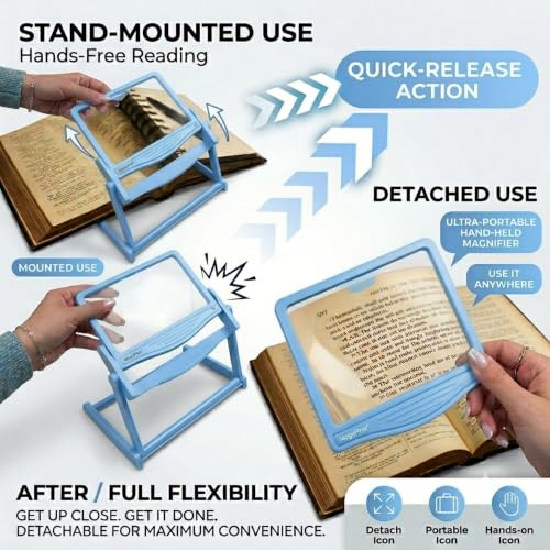 MAGNIPROS 5X LED Page Magnifying Glass, Detachable Stand, 3 Color Modes - color: Blue