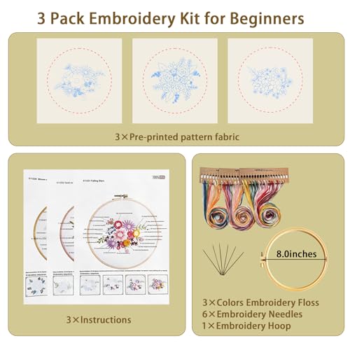 Gmakto Embroidery Kits for Beginners,3 Sets Beginner Embroidery Kit for Adults,Including 3Pcs Embroidery Cloths with Floral Pattern, 1 Pcs Plastic Embroidery Hoops, 3Pcs User Manual(Flower)