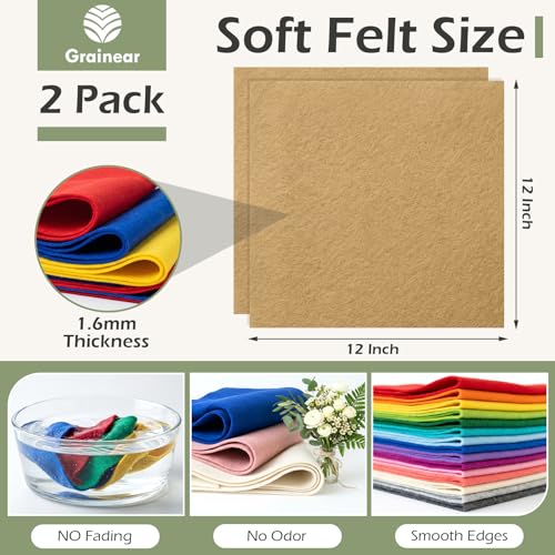 Tan Soft Felt Sheets for Crafts, 12" x 12", 1.6mm Thick, 2 Pcs - color: Tan