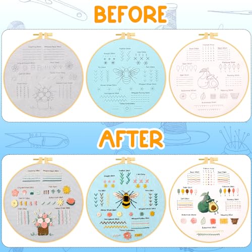 Ponpon 3 Sets Embroidery Kit for Beginners, Embroidery Kit for Adults with Follow Instruction, Cross Stitch Kits with Wooden Embroidery Hoops (Stlye D) - style: Stlye D