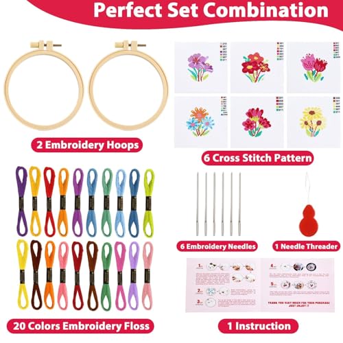 ZOIIWA 6 Pcs Flower Cross Kit for Beginner Flower DIY Embroidery Kit