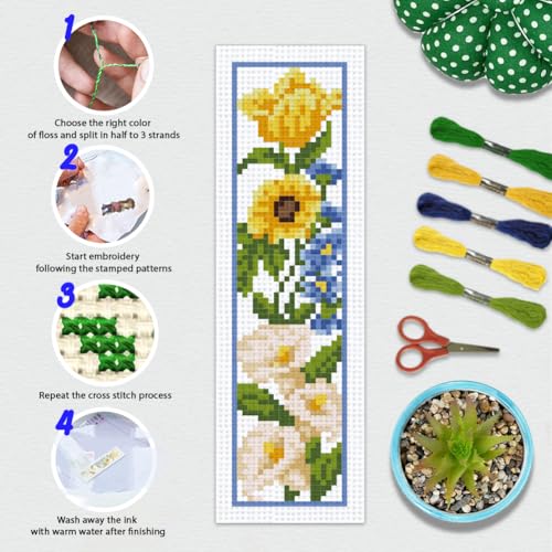 BEUNITONE 6 Pcs Flowers Cross Stitch Bookmark Kit for Adults Beginners Vivid Floral DIY Stamped Embroidery Bookmark Punch Needle Kit with Instructions for Book Lovers Reader Writer Gift 8''x2.4'' - style: Flower Cluster B