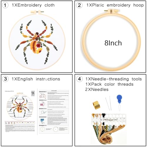 Fall Spider Embroidery Kits for Beginners Adults, Autumn Halloween Embroidery Starters Kits, Stamped Cross Stitch Kits Needlepoint Kits for Beginners Adults, Embroidery Hoop, Thread and Video Tutorial - color: H2128
