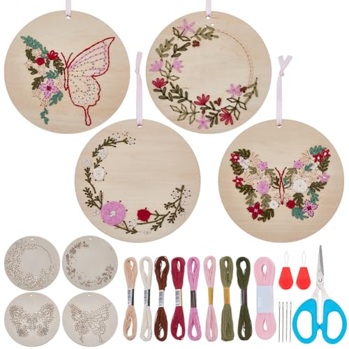 WEBEEDY 4 Sets Wood Stitched String Art Kit with Floral Butterfly Pattern for Beginners, DIY Wooden Cross Stitch Ornament Kits Needlepoint Embroidery Set Home Hanging Decor Gift