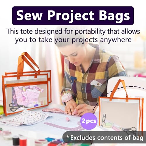 2 Pcs Portable Project Bags for Quilting Knitting, Stitching and Embroidery Projects Storage, Sew Project Bag with Zipper and Double Pockets, Transparent Mesh Sewing Project Bag for Crafter - size: 2 Pack