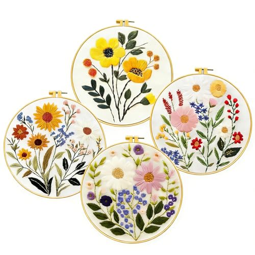 Zhenqing 4-Piece Floral Embroidery Kit for Beginners - Complete Set with Printed Cotton Fabric, Hoop, Threads & Tools (C0155) - color: C0155