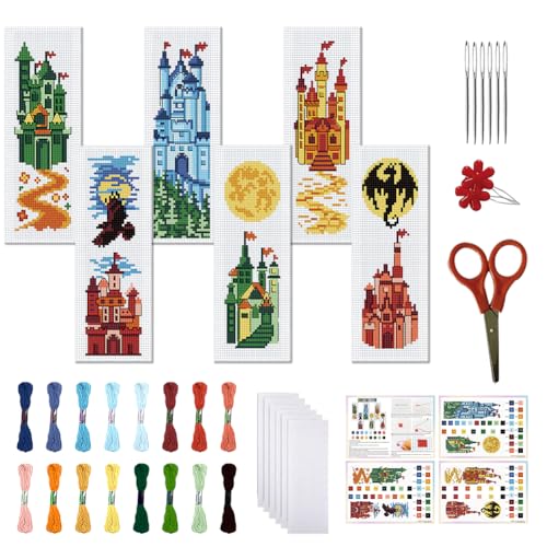 FREEBLOSS 6 Set Cross Stitch Bookmark Kit Cross Stitch Kit Castle Stamped Embroidery Bookmark with Instruction Cross Stitch Kits for Adults DIY Bookmark Kit 8.66''x3.15'' - style: Castle