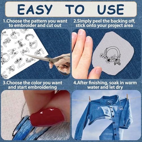 CRASPIRE 4 Sheets 104Pcs A-Z Letters Water Soluble Embroidery Patterns Stabilizers Alphabet Hand Sewing Stick and Stitch A4 Transfers Fabric Wash Away Pre-Printed Self Adhesive for Cloth DIY Lovers