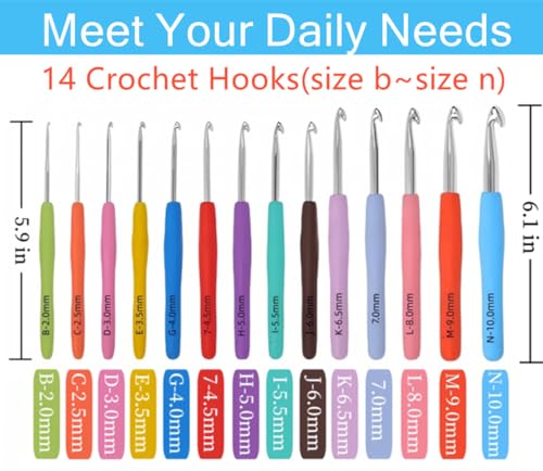 Crochet Hook Set,14 Sizes Crochet Hooks for Arthritic Hands,Crochet Hooks Ergonomic Soft Grip with Case,Crochet Needles(Size B-Size N) - color: light blue