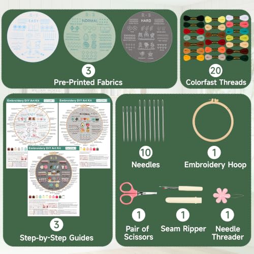 Bofoho 3 Pack Starter Embroidery Kit for Beginners with Simple Patterns - color: 3 Pack
